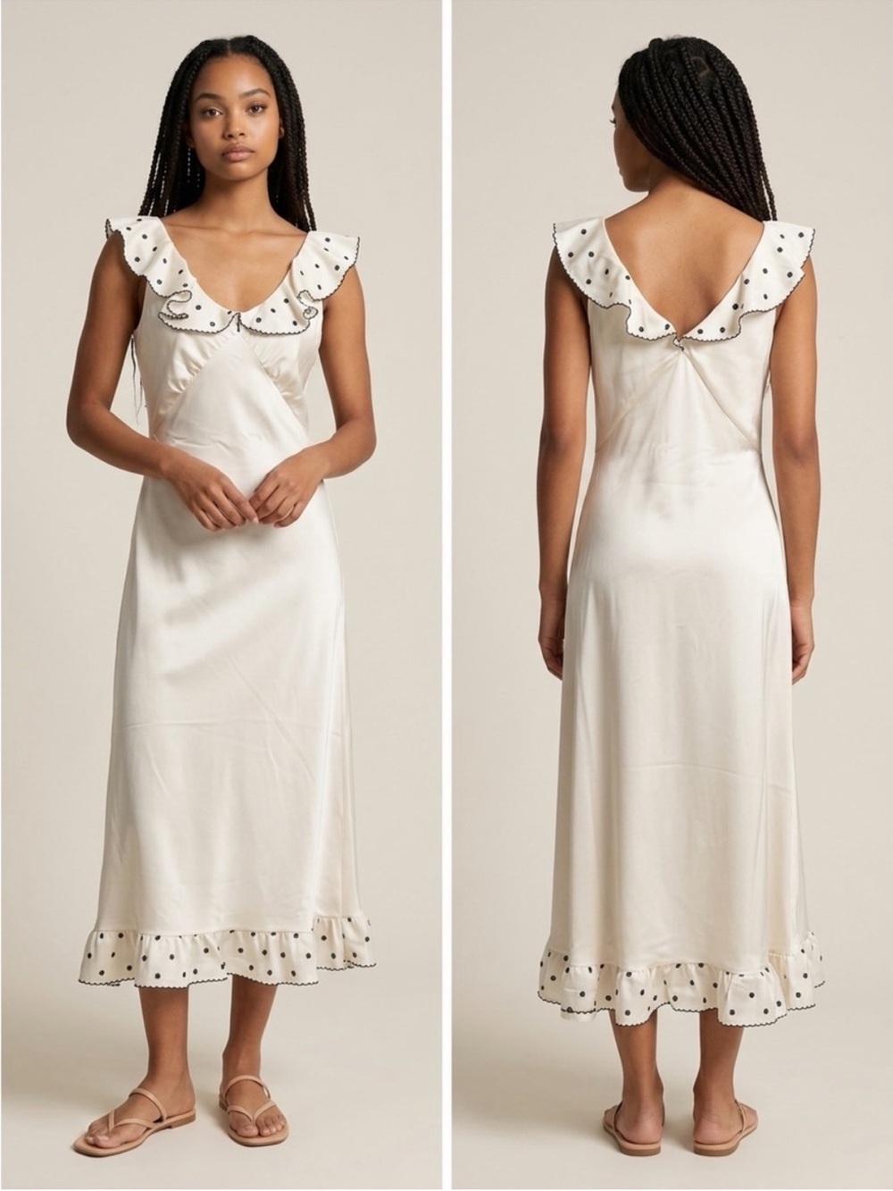 Caroline Constas Arleen Ivory Cream Silky Satin Embroidered Midi Dress L